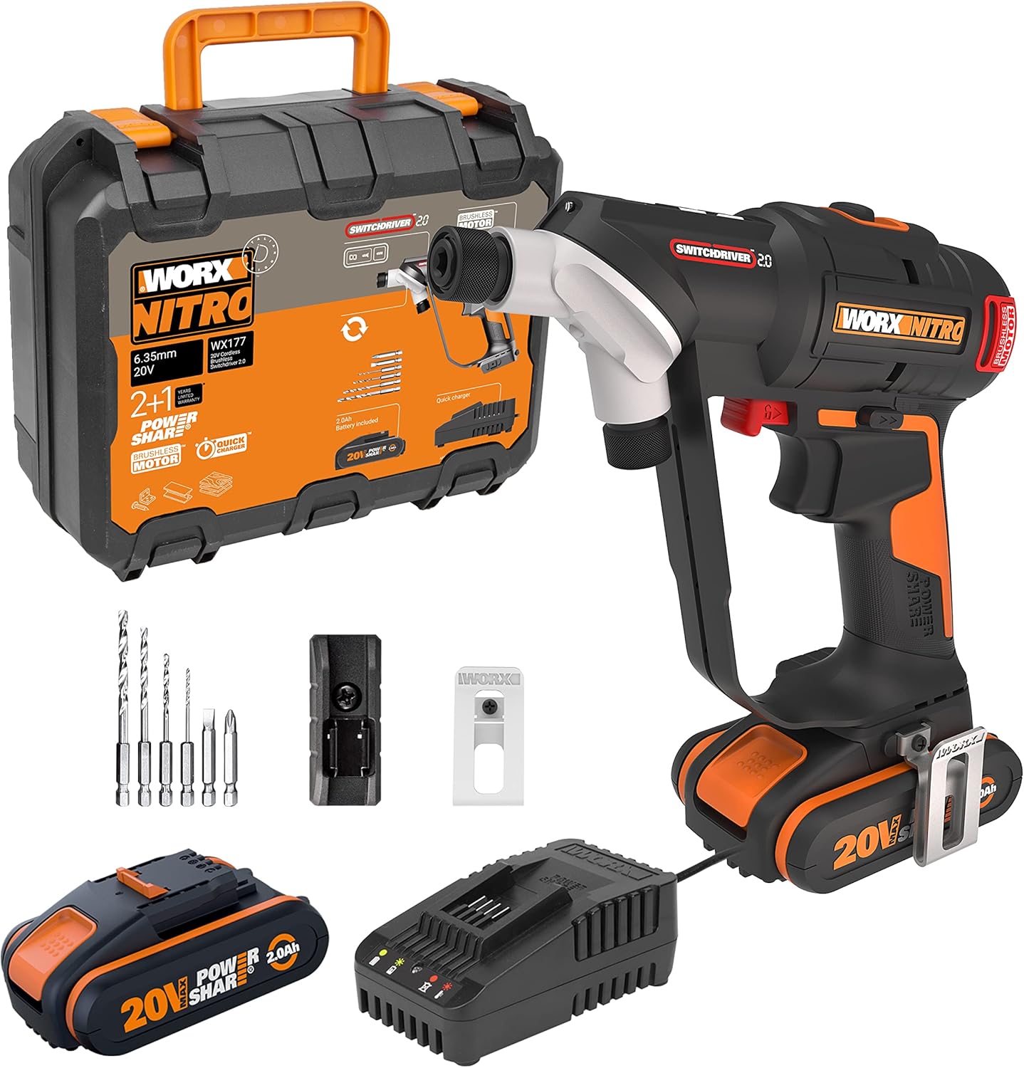 WORX WX177 NITRO Akku Bohrschrauber Switchdriver 2.0 20V mit bürstenlosem Motor 50Nm Drehmoment, 2 Bit Schnellwechsel, präzise Drehmomentsteuerung, inkl. Akku und Ladegerät-Cottagethub