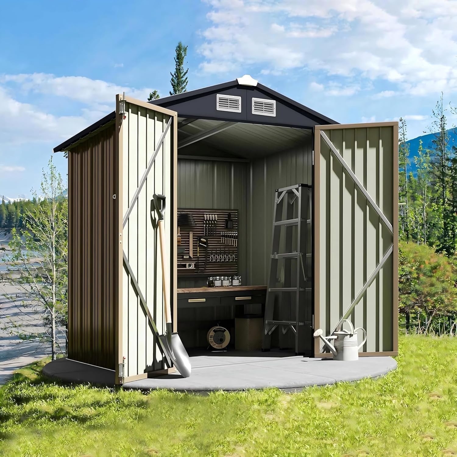 GVDV Metall Geräteschuppen mit Belüftung und abschließbaren Türen, wetterfestes Gerätehaus 193 x 180 x 159 cm für Garten, Terrasse und Hof, Outdoor Geräteschrank für Fahrräder, Werkzeuge und Rasenmäher-Cottagethub