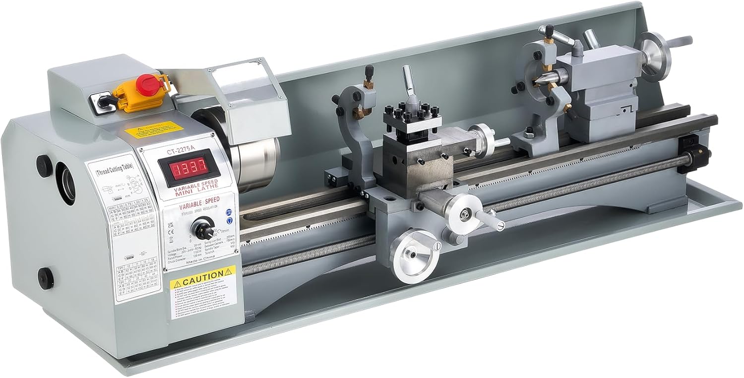 CREWORKS Mini-Metalldrehmaschine 1100W Tischdrehmaschine 220 x 750 mm, Drehbank mit Metallgetriebe und variabler Geschwindigkeit 50 bis 2250 U/min für Metallbearbeitung-Cottagethub