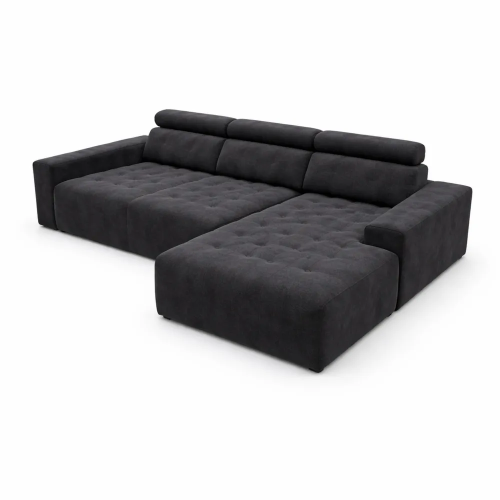 Canapé d'angle en L avec dossier inclinable et coussins noirs