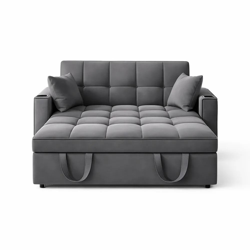 Canapé 2 Places Pliable avec Accoudoirs Réglables en Velours Gris