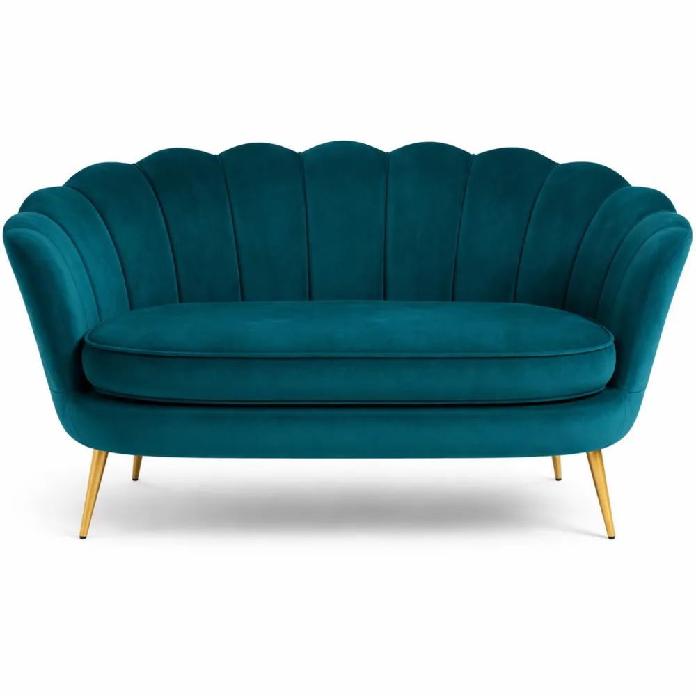 Canapé coquillage 2 places en velours, coussin épais, design moderne, pieds dorés, bleu canard