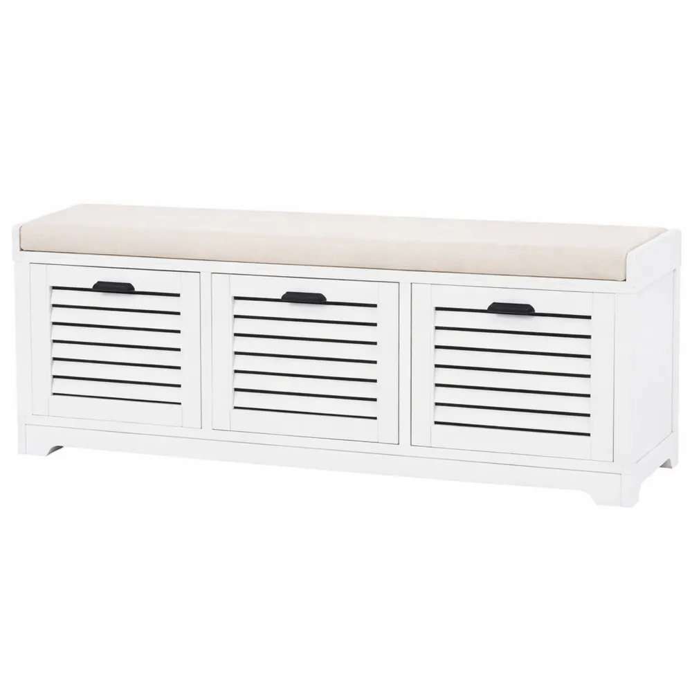 Banc de rangement avec 3 paniers et coussin, dimensions 44x105x35 cm, blanc