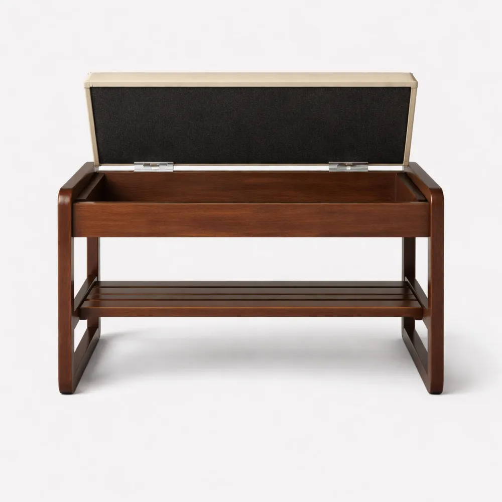 Banc de rangement à chaussures avec coussin, étagère 2 niveaux en bois massif, pour entrée, salon, couloir, chambre, couleur noyer