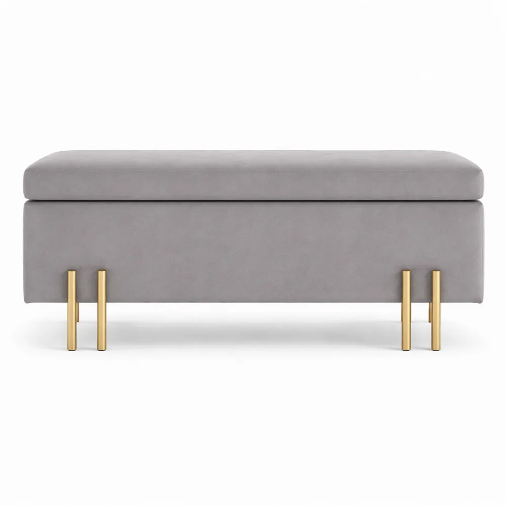 Banc de rangement gris clair avec espace de stockage, pieds en métal doré