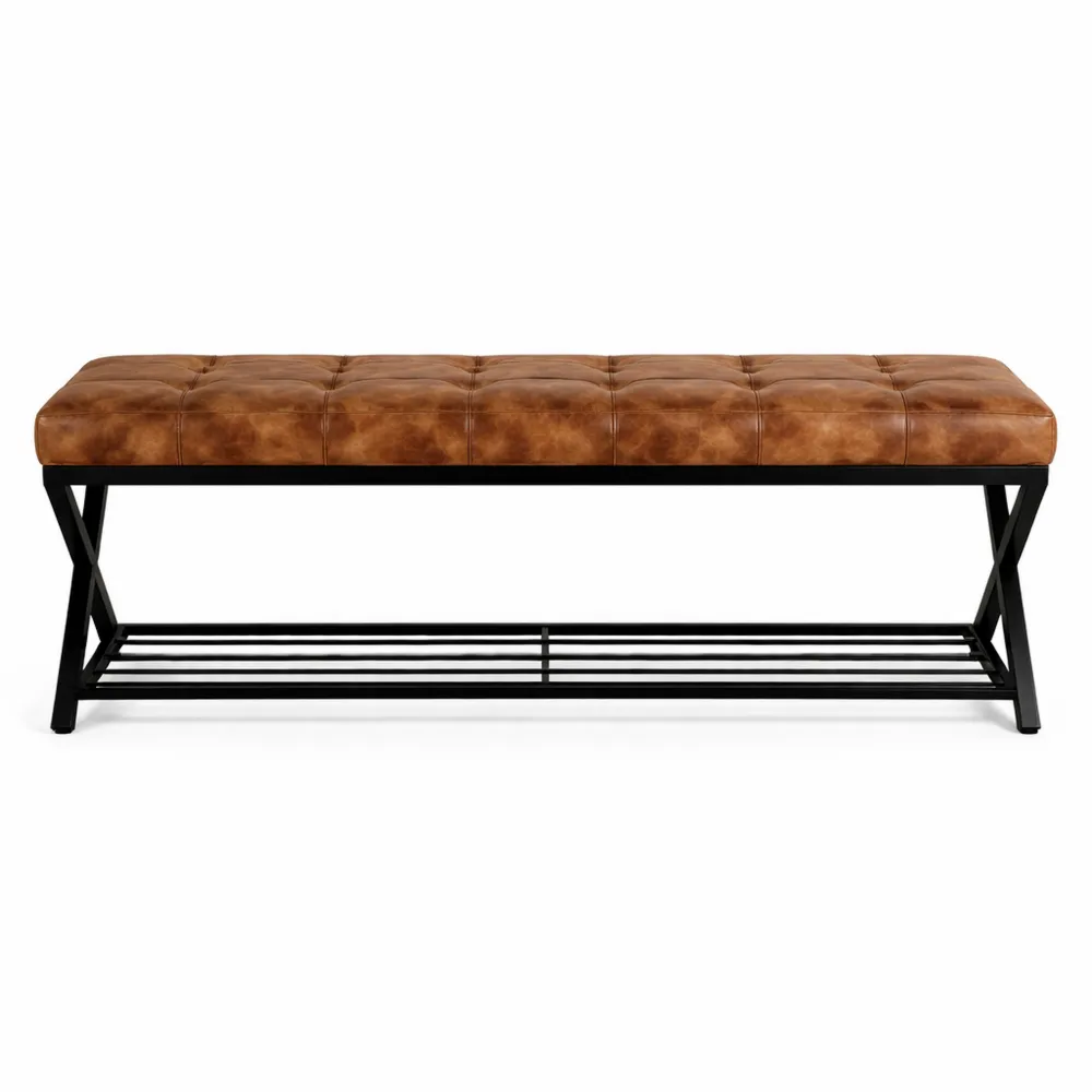 Banc d'Entrée en Simili Cuir avec Rangement à Chaussures, Bout de Lit Pratique pour Couloir, 113 x 38 x 46 cm, Caramel