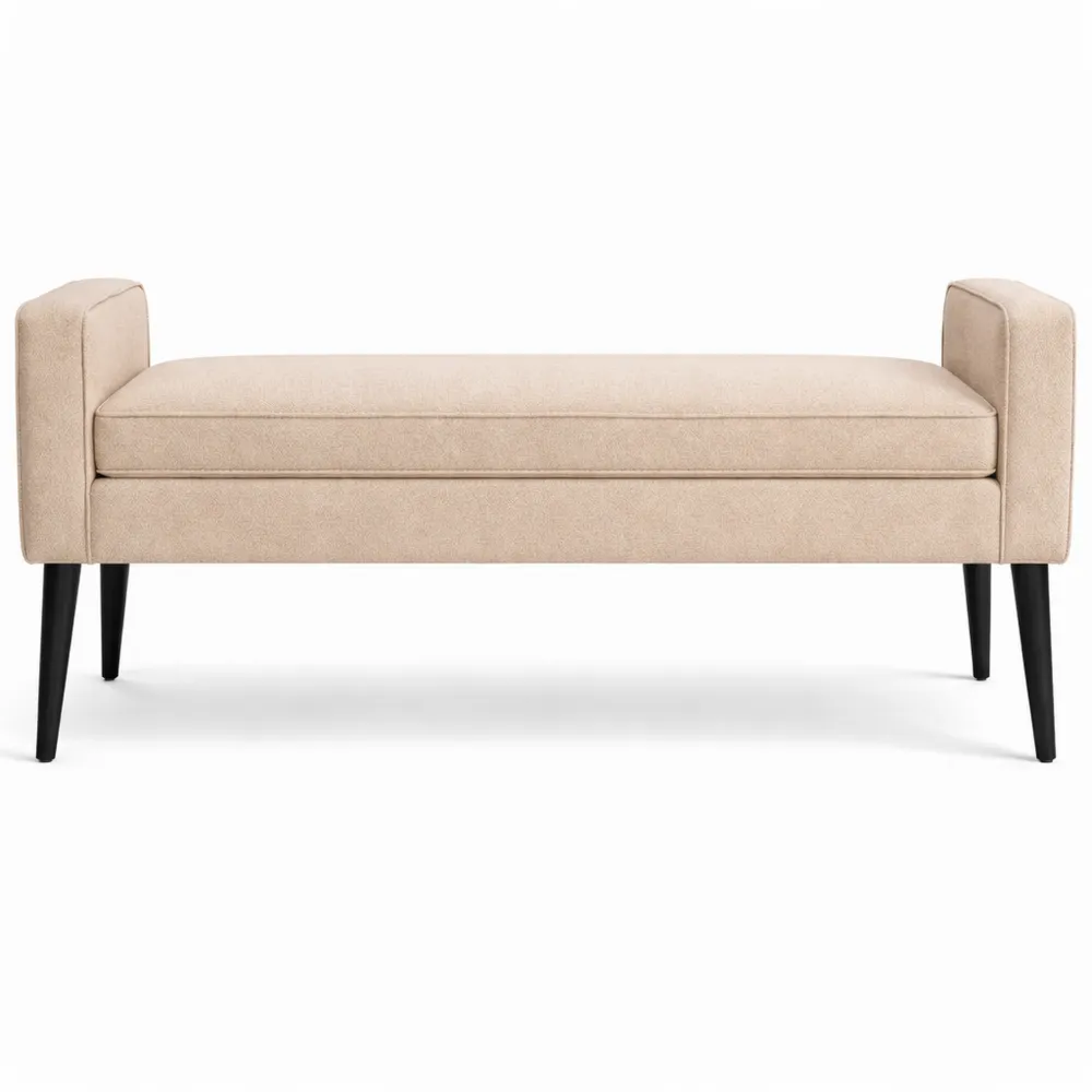 Coffre de rangement beige avec assise en tissu lin et pieds en bois, 120x45x54 cm