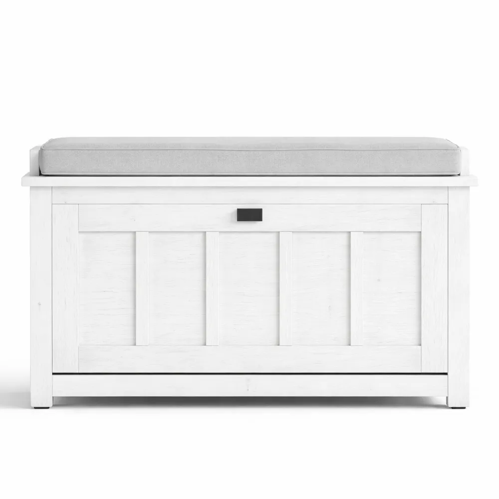 Banc d'Entrée avec Rangement et Coussin Confortable – Blanc Vintage
