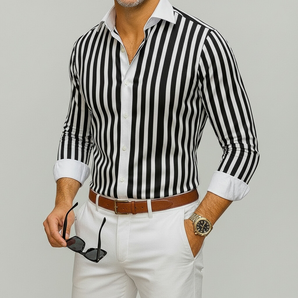 Men's Business Casual Striped Print Single Breasted Long Sleeve Shirt