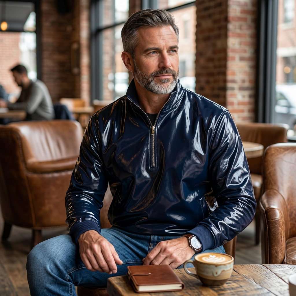 Men's Patent PU Leather Half Zipper Sweatshirt
