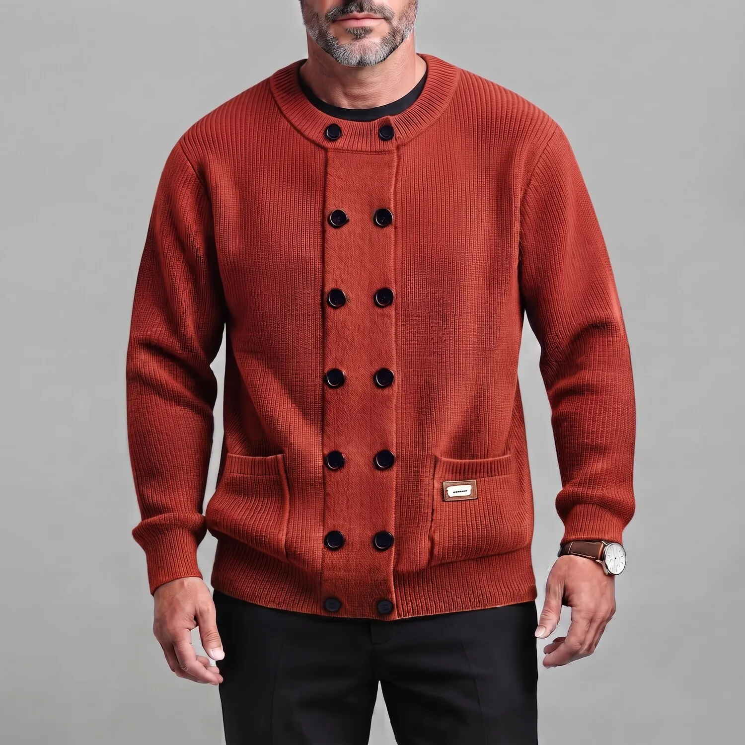 Men's Solid Color Round Neck Patch Pocket Double-Breasted Ribbed Knit Cardigan