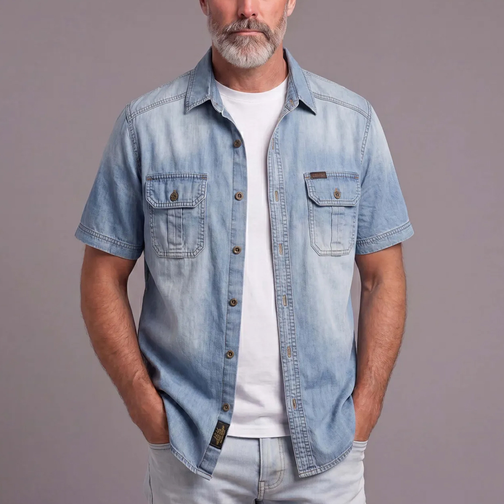 Men's Summer Short-Sleeve Denim Shirt