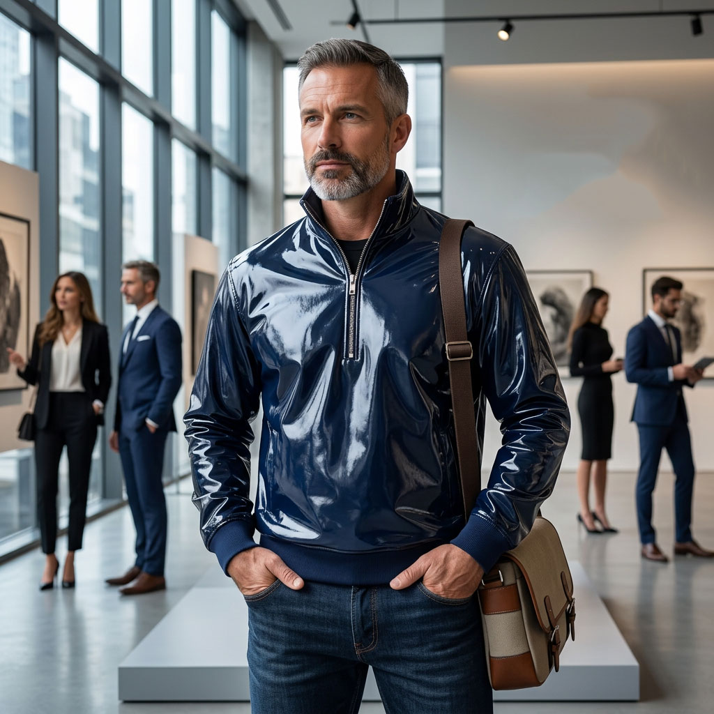 Men's Patent PU Leather Half Zipper Sweatshirt