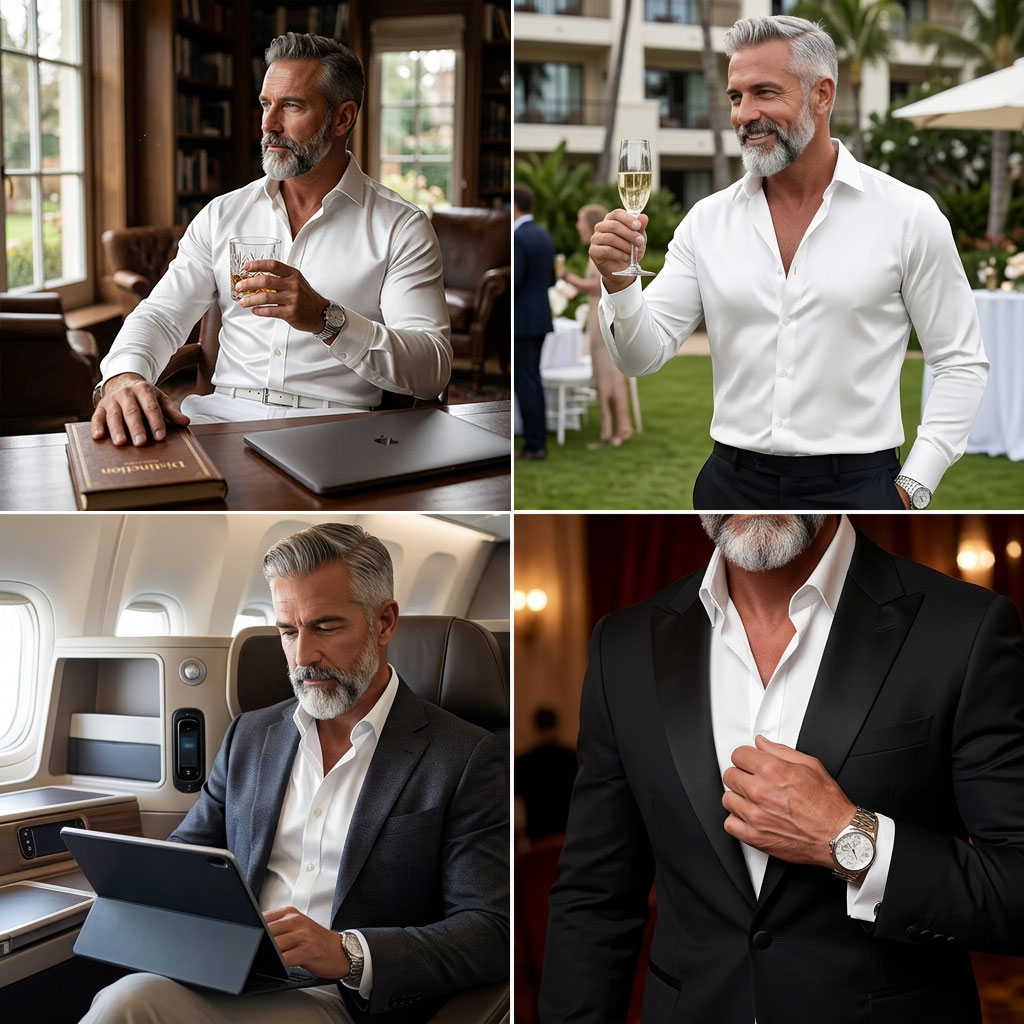 Men's Business Solid Satin Shirt Collar Single Breasted Long Sleeve Shirts