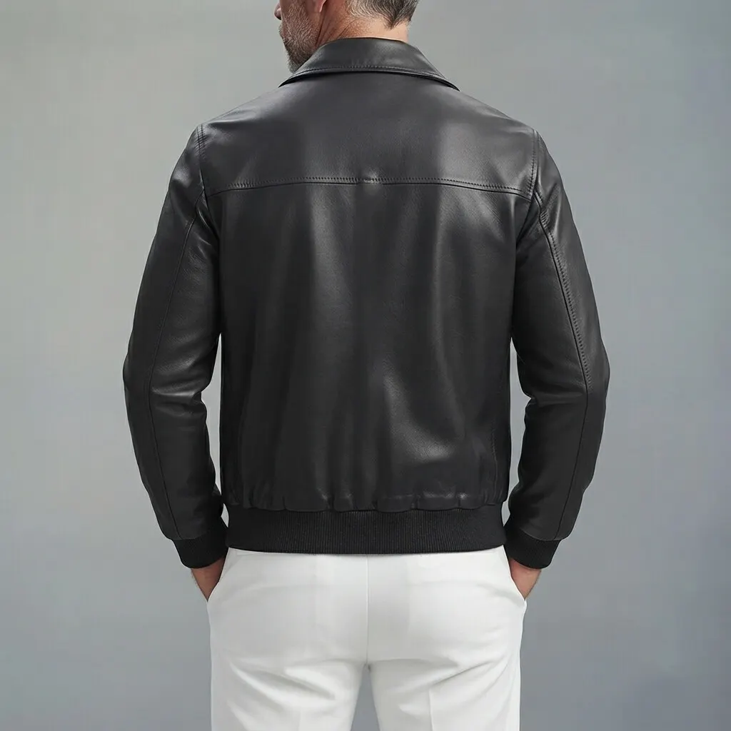 Men's Plain PU Leather Turndown Collar Slant Pockets Slim Zip-Up Bomber Jacket