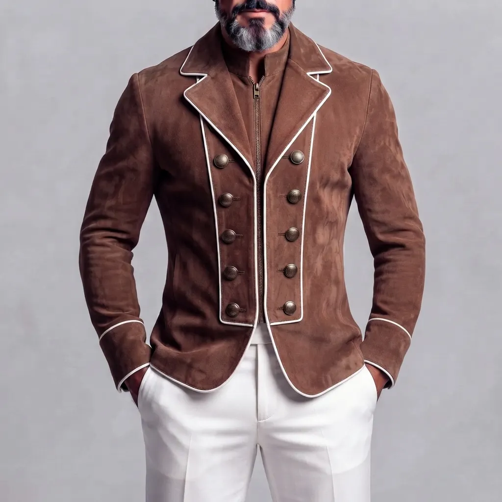 Men's Vintage Brown Suede Contrast Piping Double-Breasted Zip-Up 2 in 1 Hussar Jacket Blazer