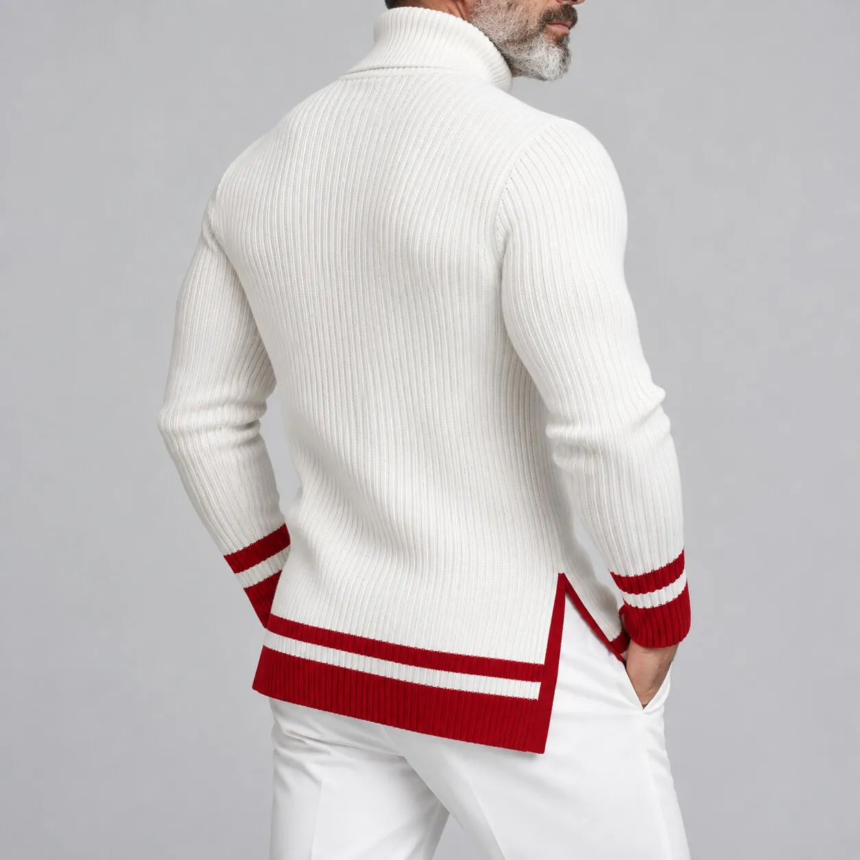 Men's White Turtleneck Contrast Trim Side Slit Irregular Hem Ribbed Knit Pullover Sweater