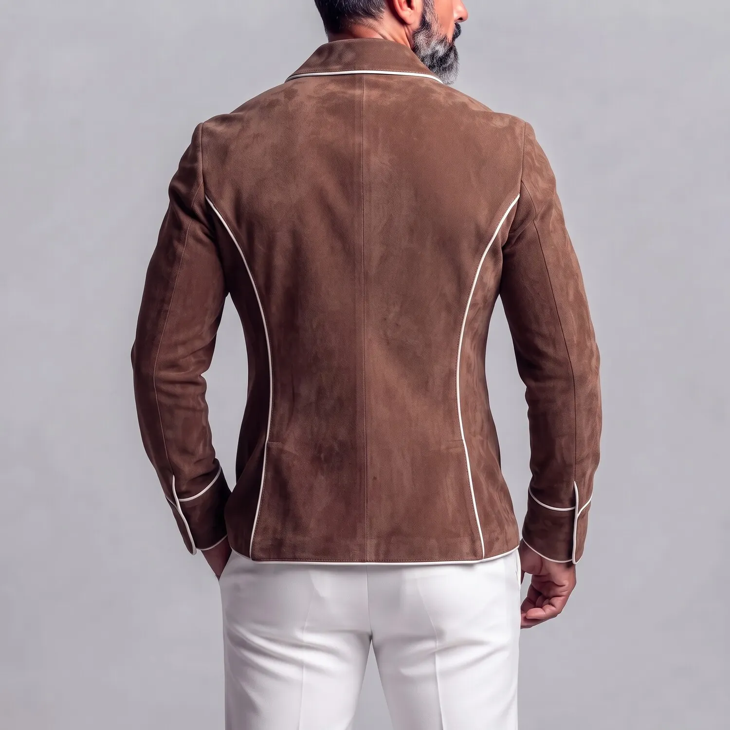 Men's Vintage Brown Suede Contrast Piping Double-Breasted Zip-Up 2 in 1 Hussar Jacket Blazer