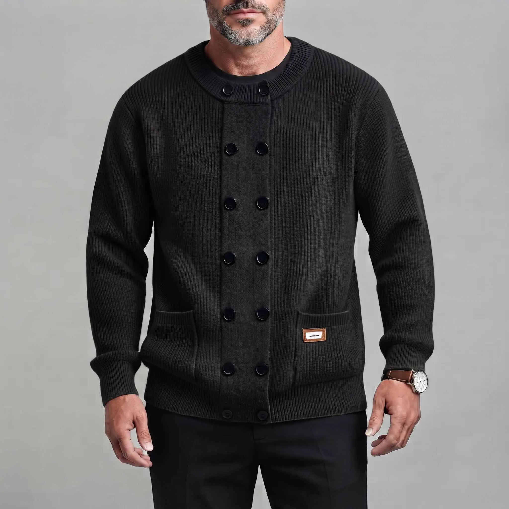 Men's Solid Color Round Neck Patch Pocket Double-Breasted Ribbed Knit Cardigan