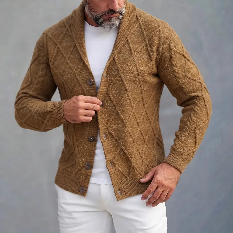 Men's Brown Diamond Pattern Shawl Lapel Single Breasted Cable Knit Sweater Cardigan