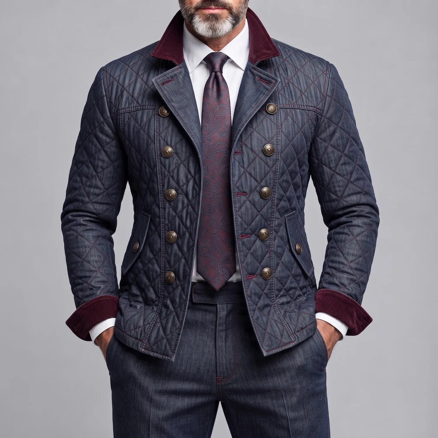 Men's Dark Blue Corduroy Contrast Trim Double-Breasted Quilted Denim Jacket