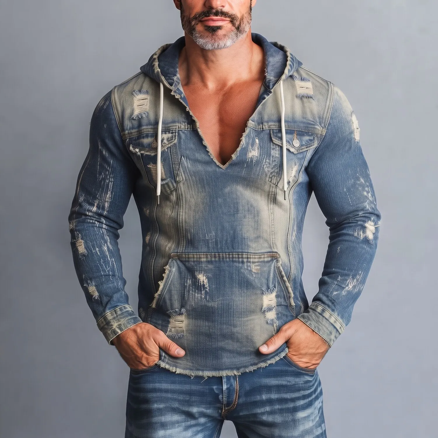 Men's Street Blue Washed Denim Ripped V-Neck Pockets Slim Fit Hoodie