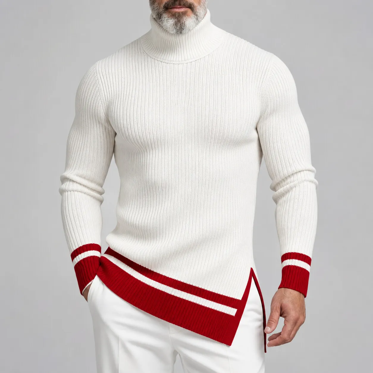 Men's White Turtleneck Contrast Trim Side Slit Irregular Hem Ribbed Knit Pullover Sweater