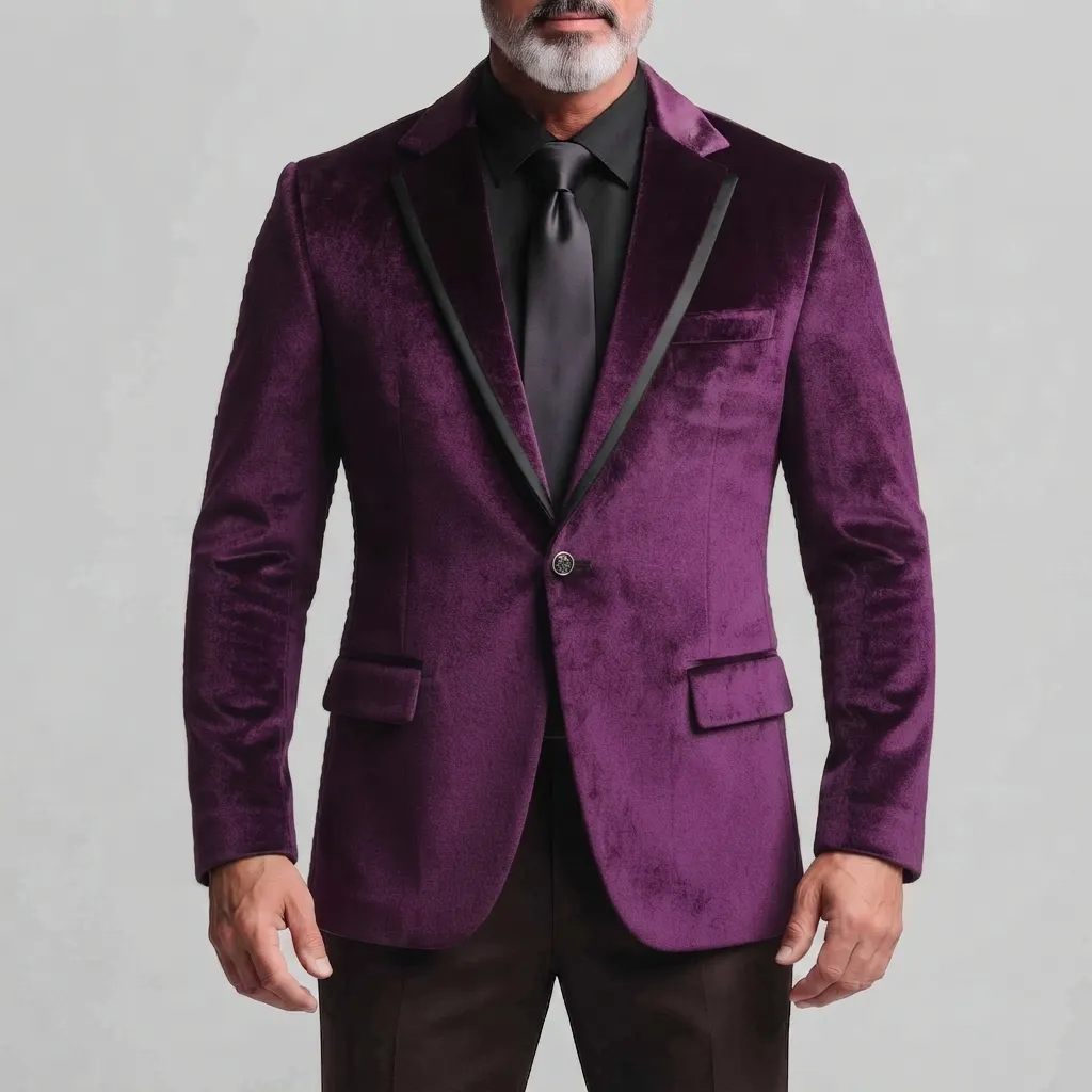 Men's Purple Velvet Notch Lapel One Button Slim Fit Long Sleeve Formal Blazer