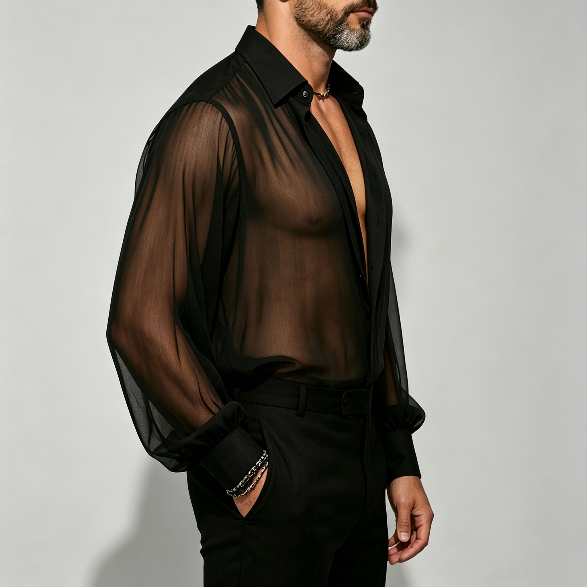 Men's Lightweight Long-Sleeve Shirt with a Turn-Down Collar and Fine Mesh Fabric