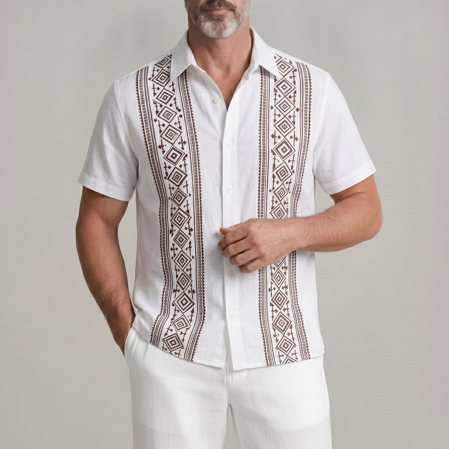 Men's Navy Blue Ethnic Style Geometric Print Turndown Collar Short Sleeve Shirt