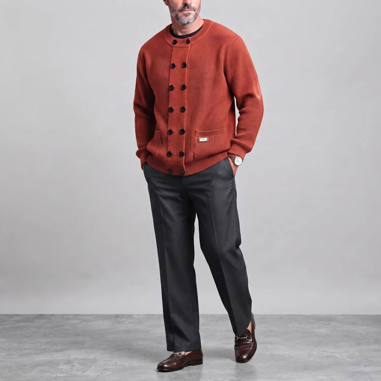 Men's Solid Color Round Neck Patch Pocket Double-Breasted Ribbed Knit Cardigan