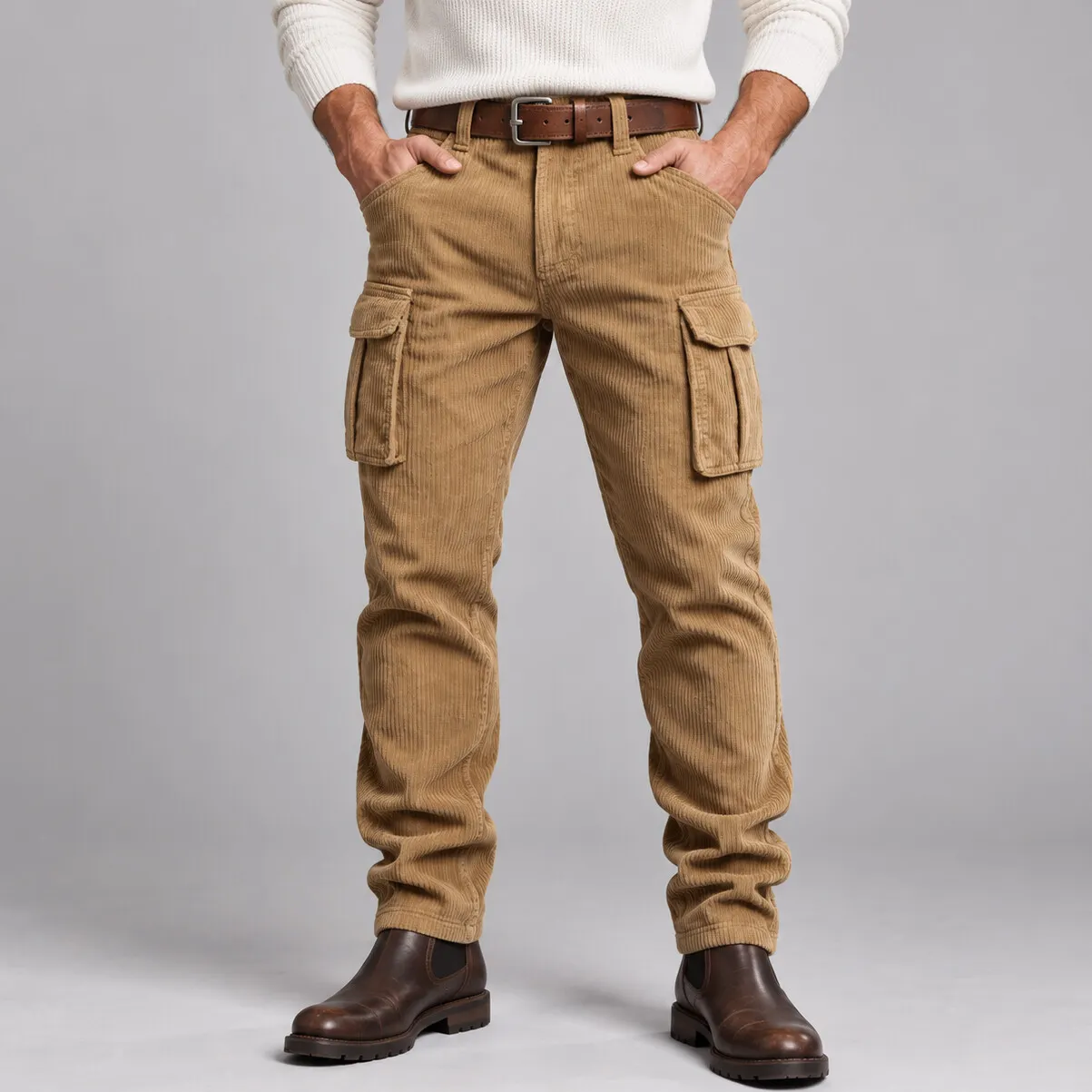 Men's Solid Color Corduroy Multi-Pockets Slim Fit Straight Leg Cargo Pants