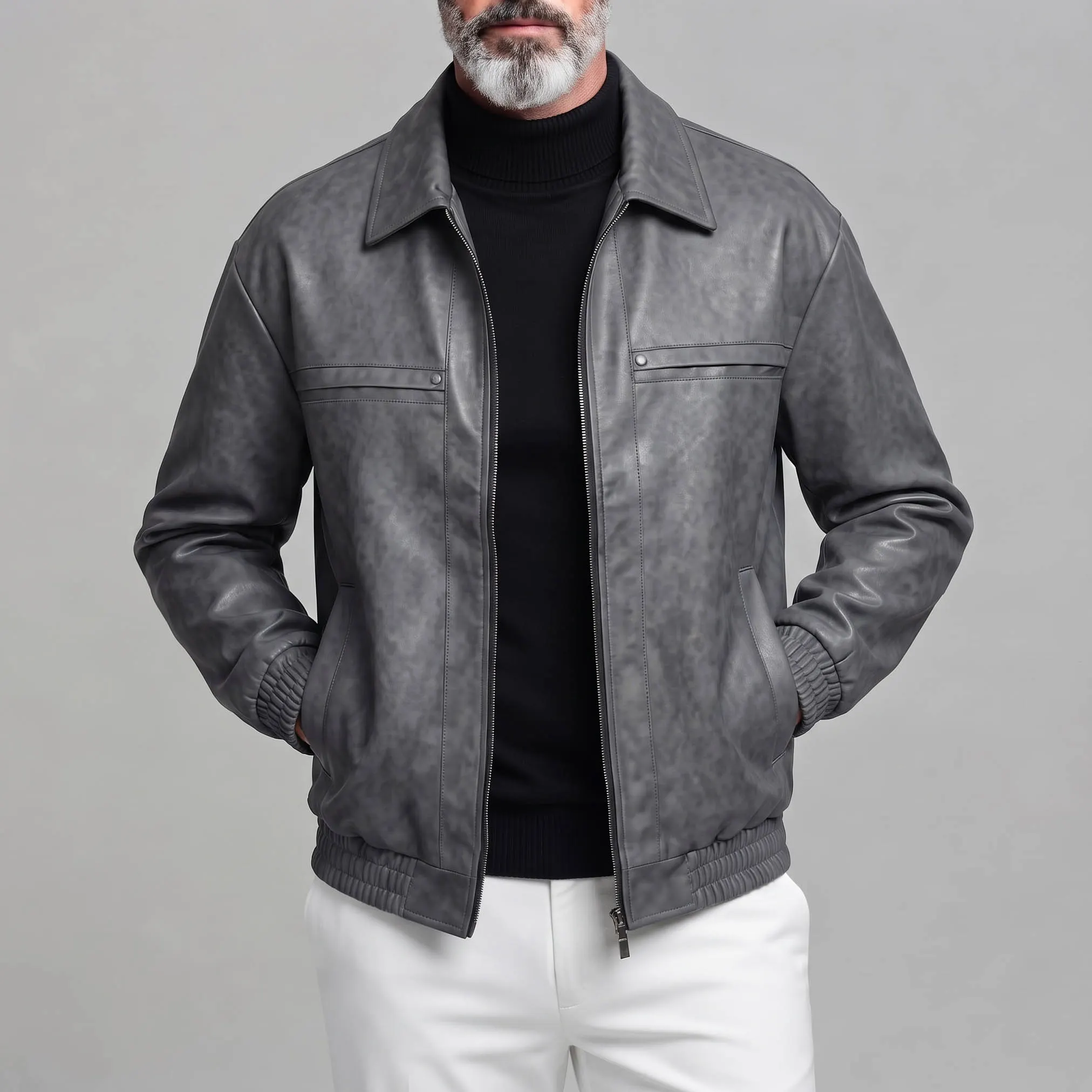 Men's Vintage Brown Plain PU Leather Turndown Collar Slant Pocket Zipper Bomber Jacket