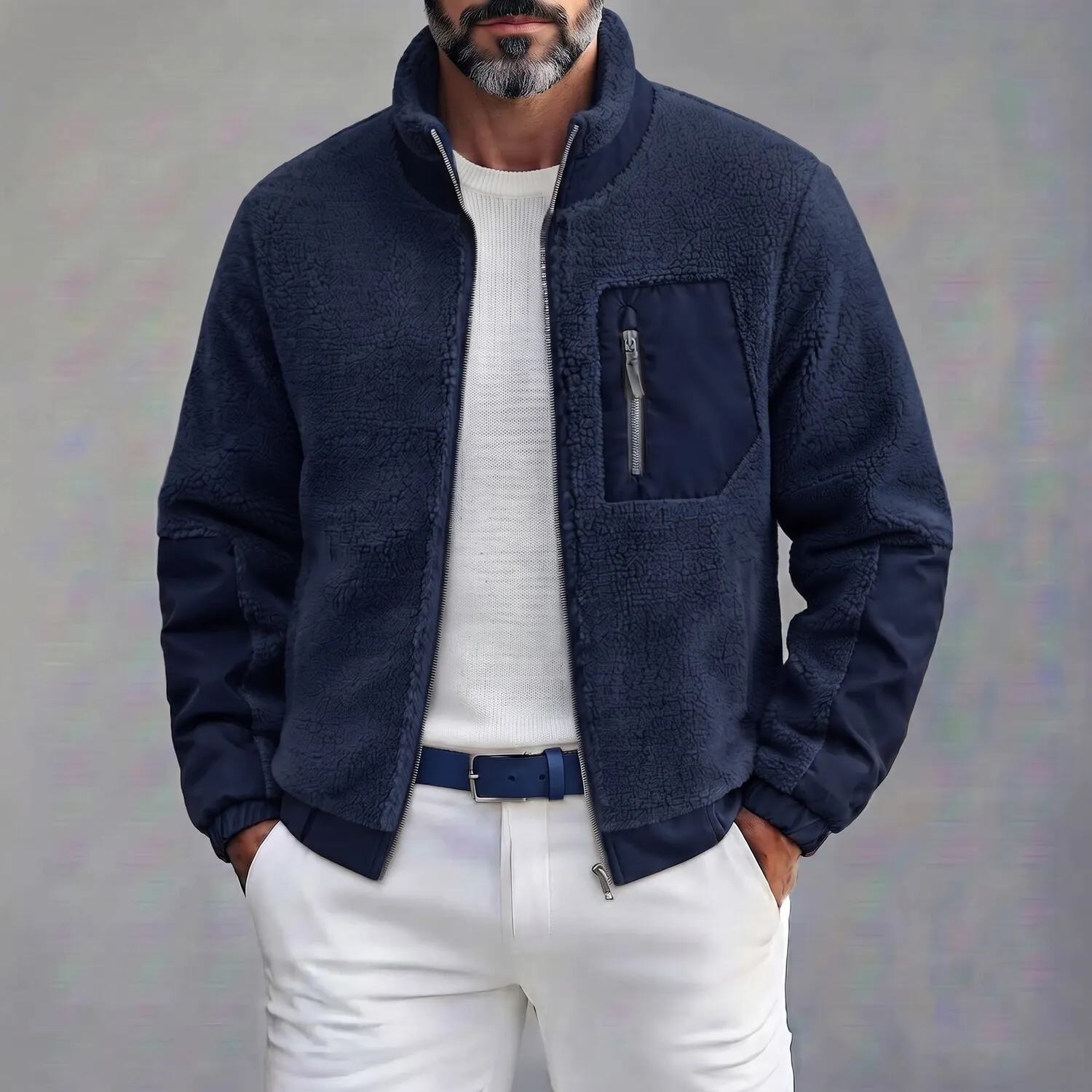 Men's Casual Stand Collar Multi-Pocket Zipper Fleece Bomber Jacket
