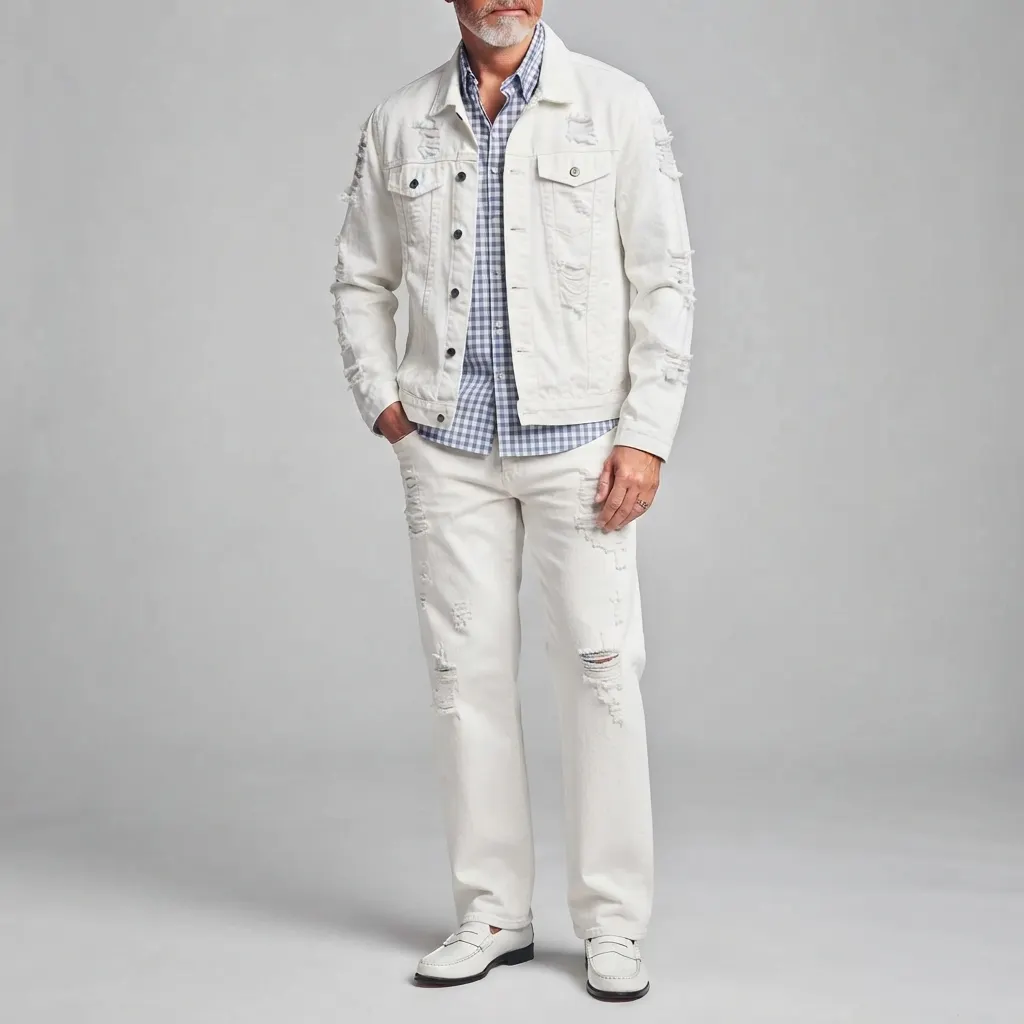 Men's White Distressed Ripped Single-Breasted Multi-Pocket Denim Jacket