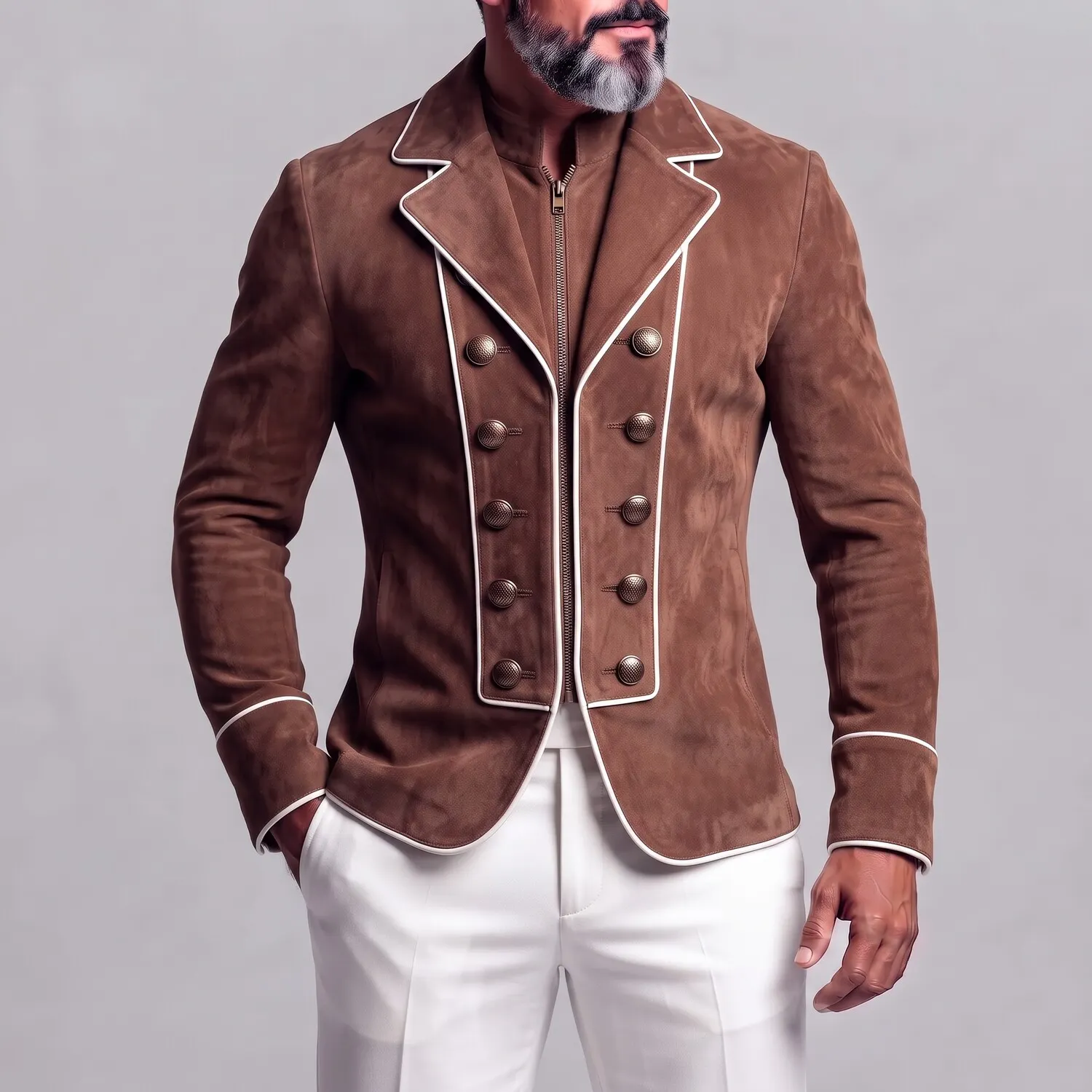 Men's Vintage Brown Suede Contrast Piping Double-Breasted Zip-Up 2 in 1 Hussar Jacket Blazer