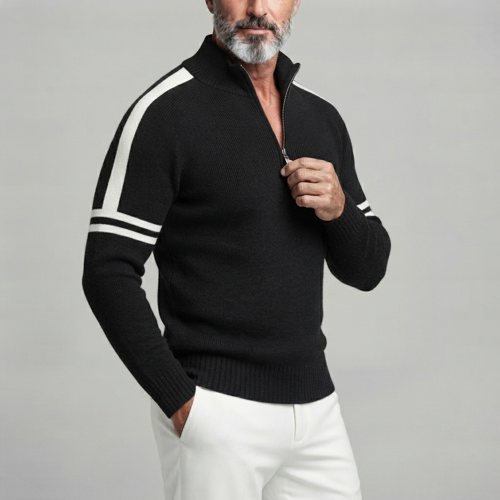 Men's Contrast Striped Pattern Half-Zip Stand Collar Ribbed Knit Pullover Sweater