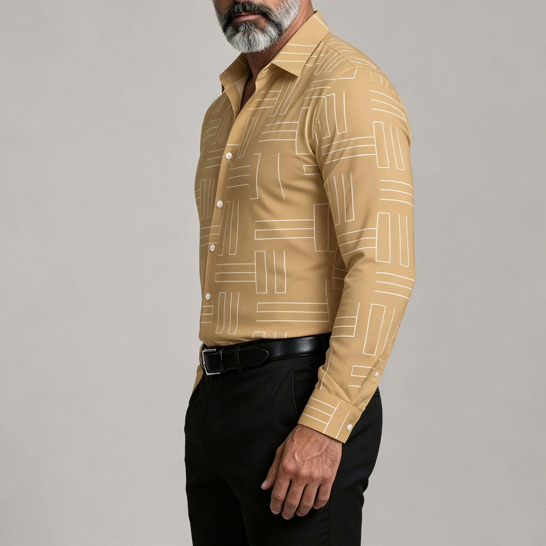 Men's Geometric Line Print Slim Fit Button-Up Shirt