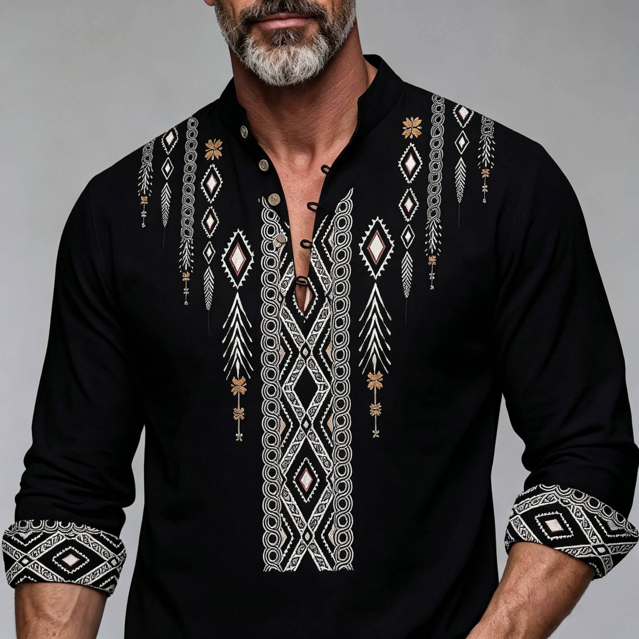 Men's Ethnic Geometric Print Stand Collar Shirt