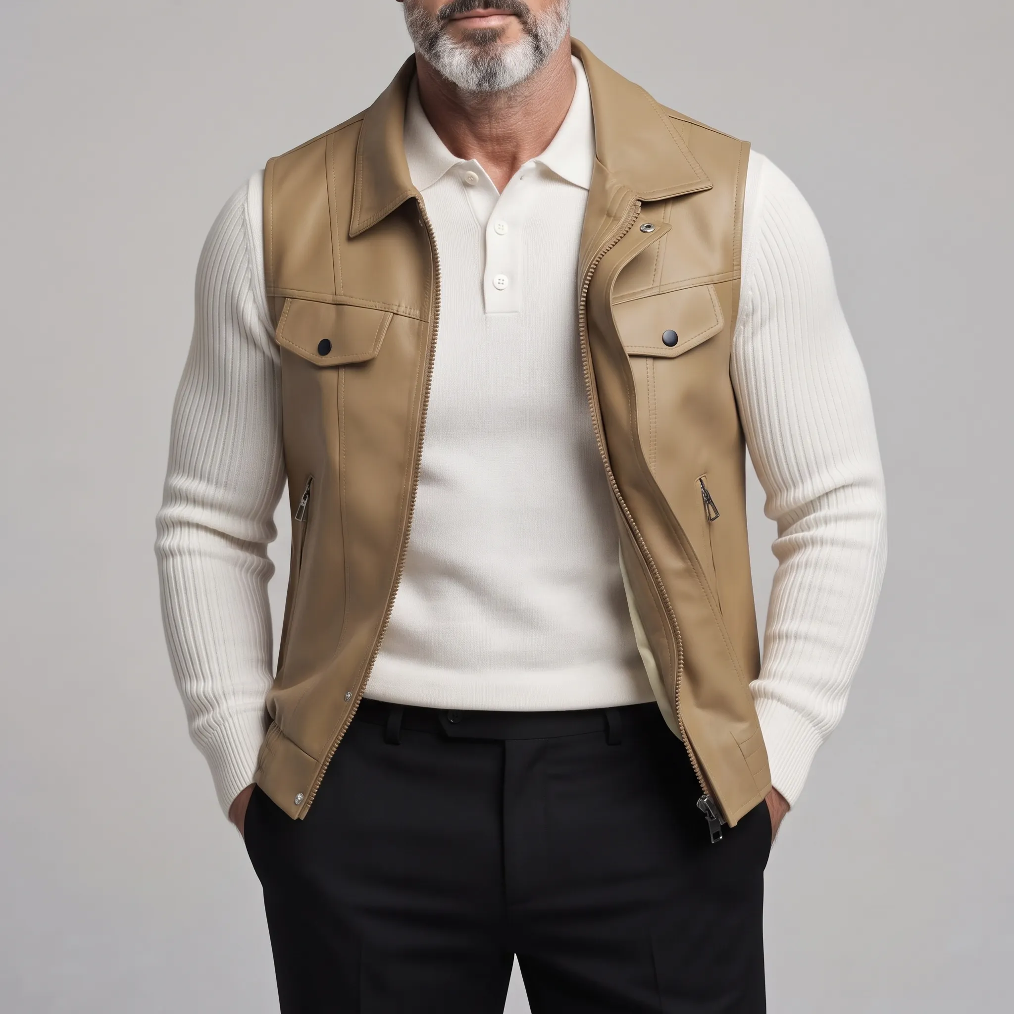 Men's Vintage PU Leather Vest with Zipper Pockets