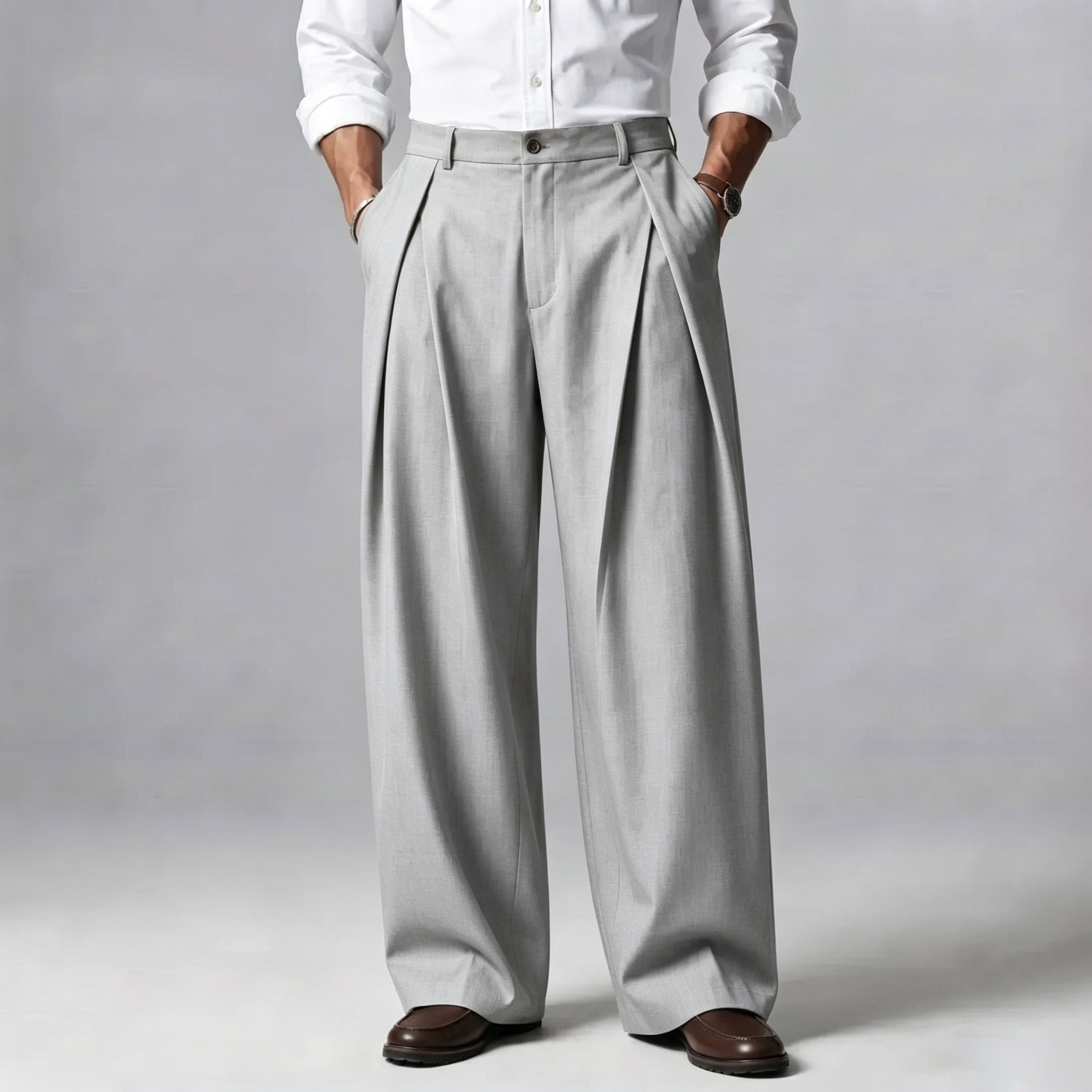 Men's Pleated High-Waisted Wide-Leg Dress Pants