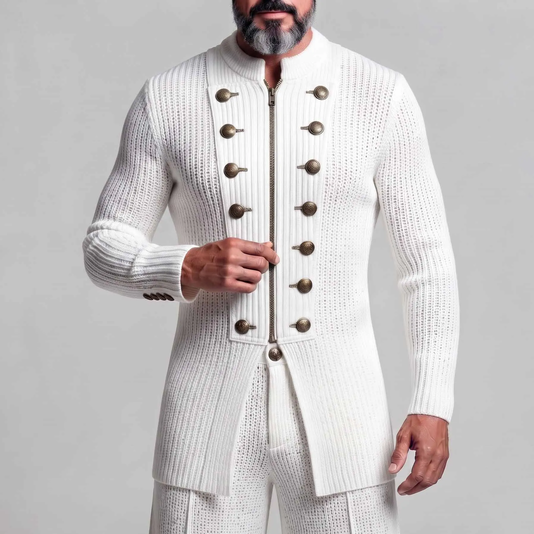 Men's White Ribbed Knit Gold Double-Breasted Decor Zipper Closure Slim Fit Sweater