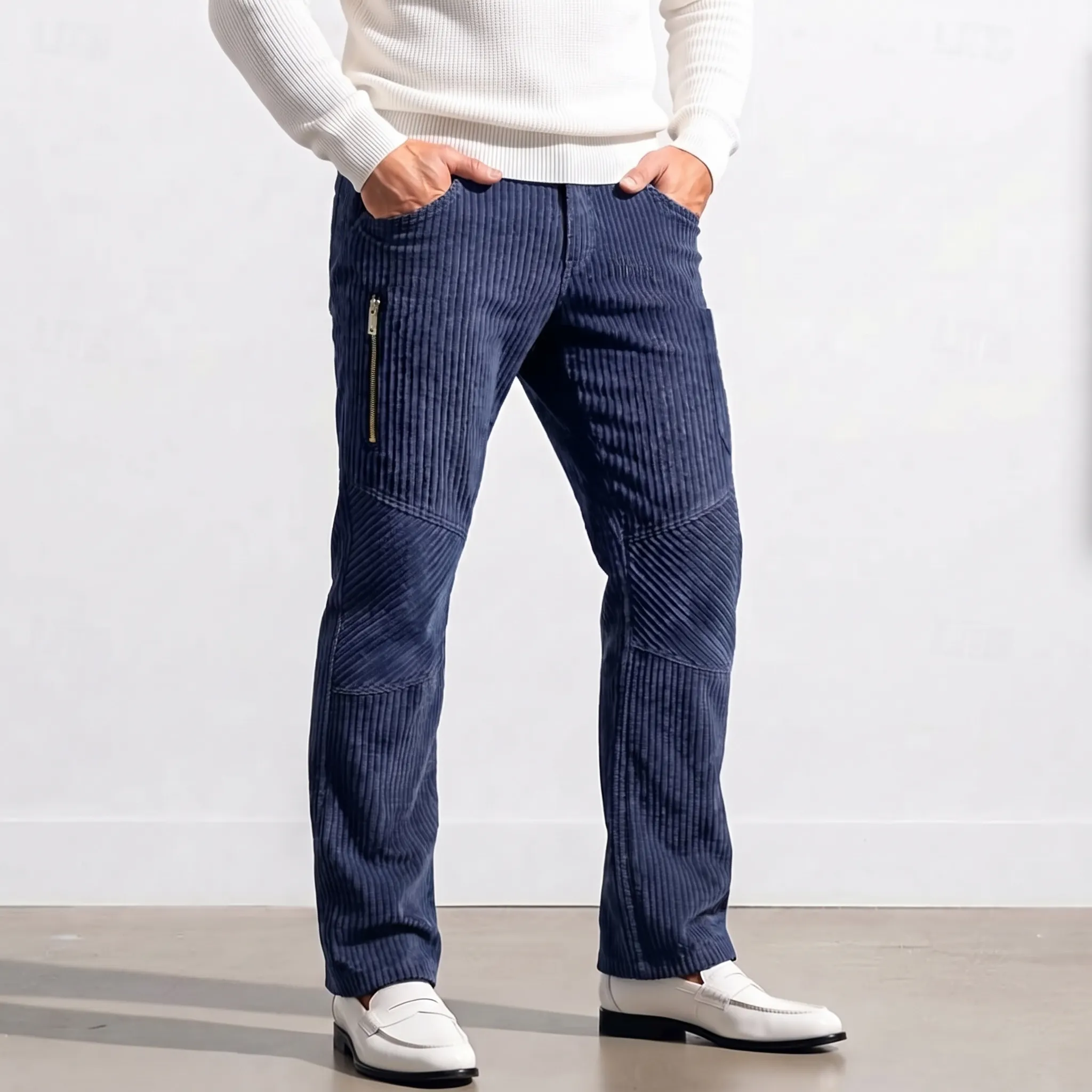 Men's Retro Solid Color Corduroy Multi-Pocket Mid-Rise Straight Leg Casual Pants