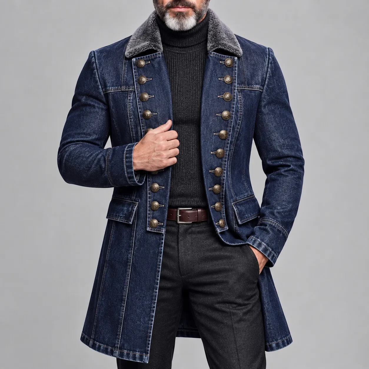 Men's Navy Blue Washed Denim Contrast Fuzzy Collar Double-Breasted Slim Fit Trench Coat