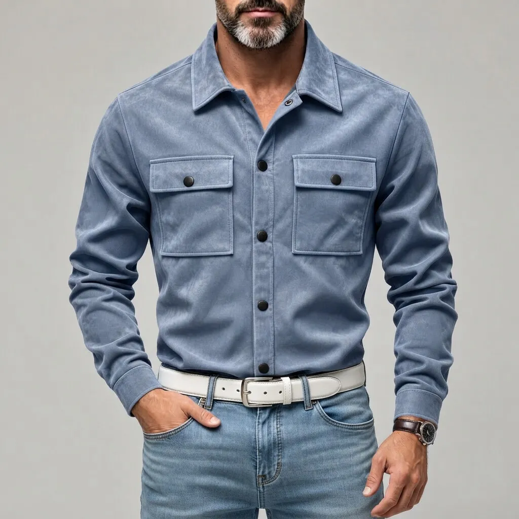 Men's Suede Solid Color Double Chest Pockets Snap Buttons Casual Long Sleeve Shirt