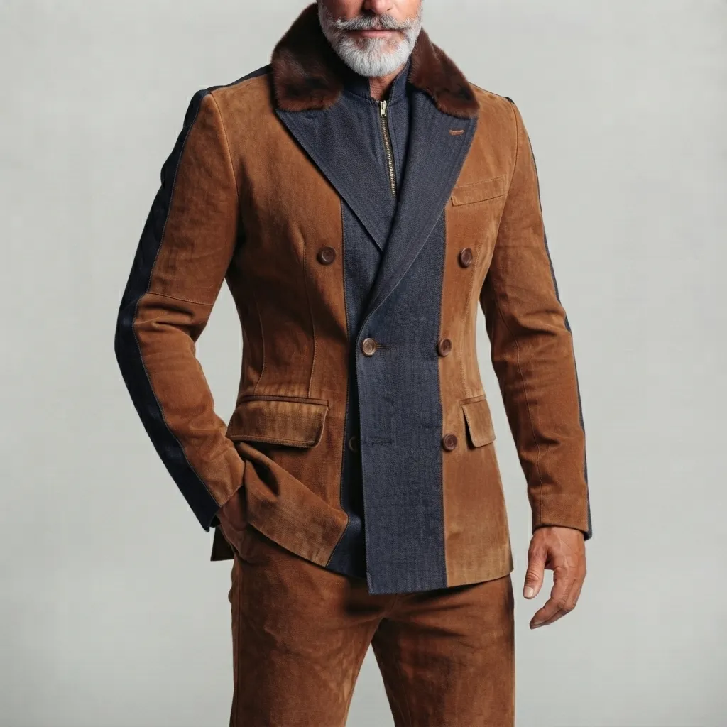 Men's Caramel Suede Patchwork Denim Peak Lapel Fuzzy Collar Double Breasted Blazer