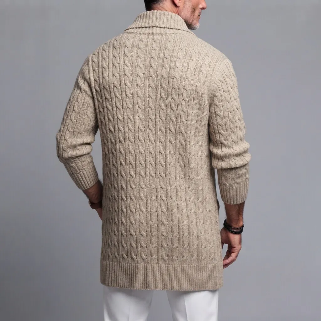 Men's Solid Color Shawl Lapel Single Breasted Twist Knitted Mid-Length Cardigan