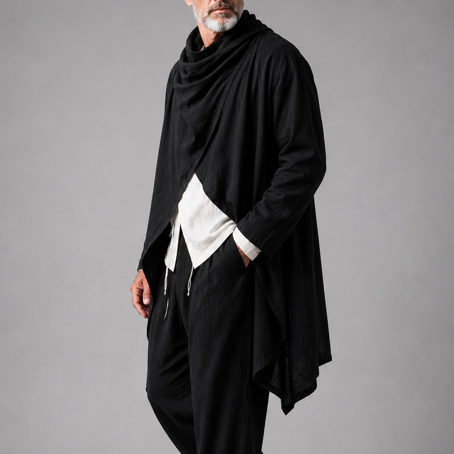 Men's Long Cotton-Linen Asymmetrical Cape