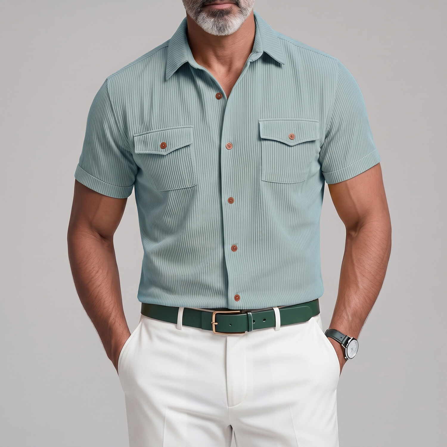 Men's Casual Corduroy Solid Color Multi-Pocket Shirt