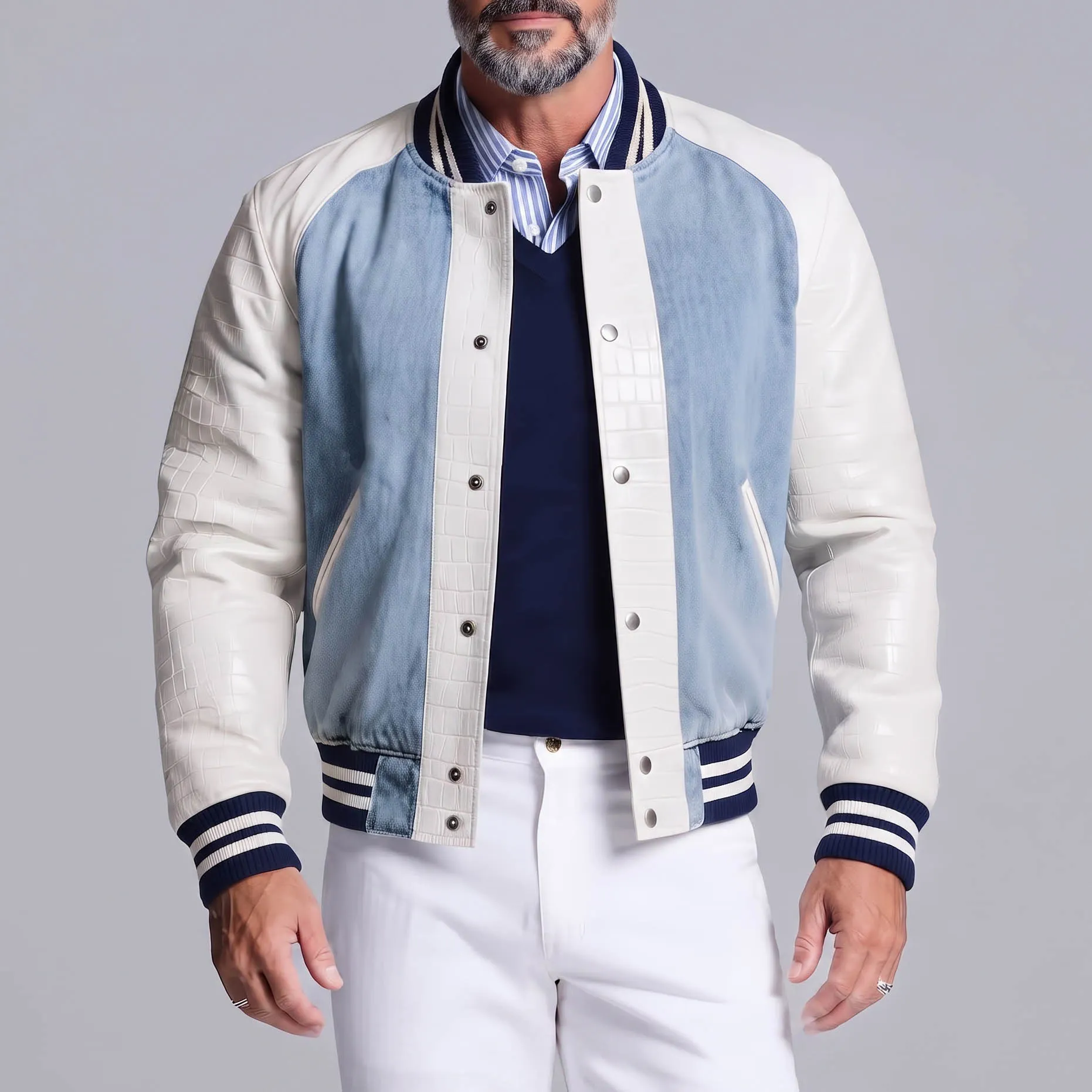 Men's Colorblock Denim Patchwork PU Leather Long Sleeve Single Breasted Bomber Jacket